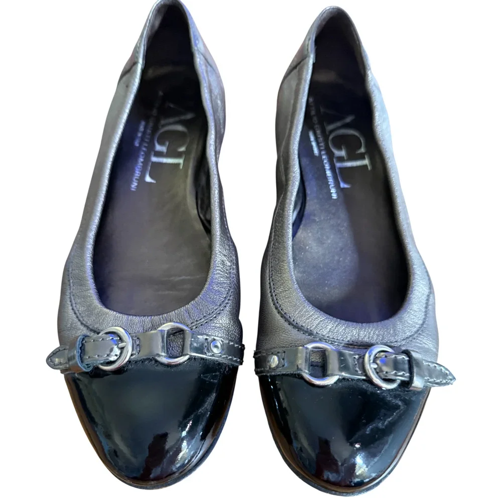 AGL Attilio Giusti Leombruni Women 37.5/US 7. 5 Flats Black Patent Silver Buckle